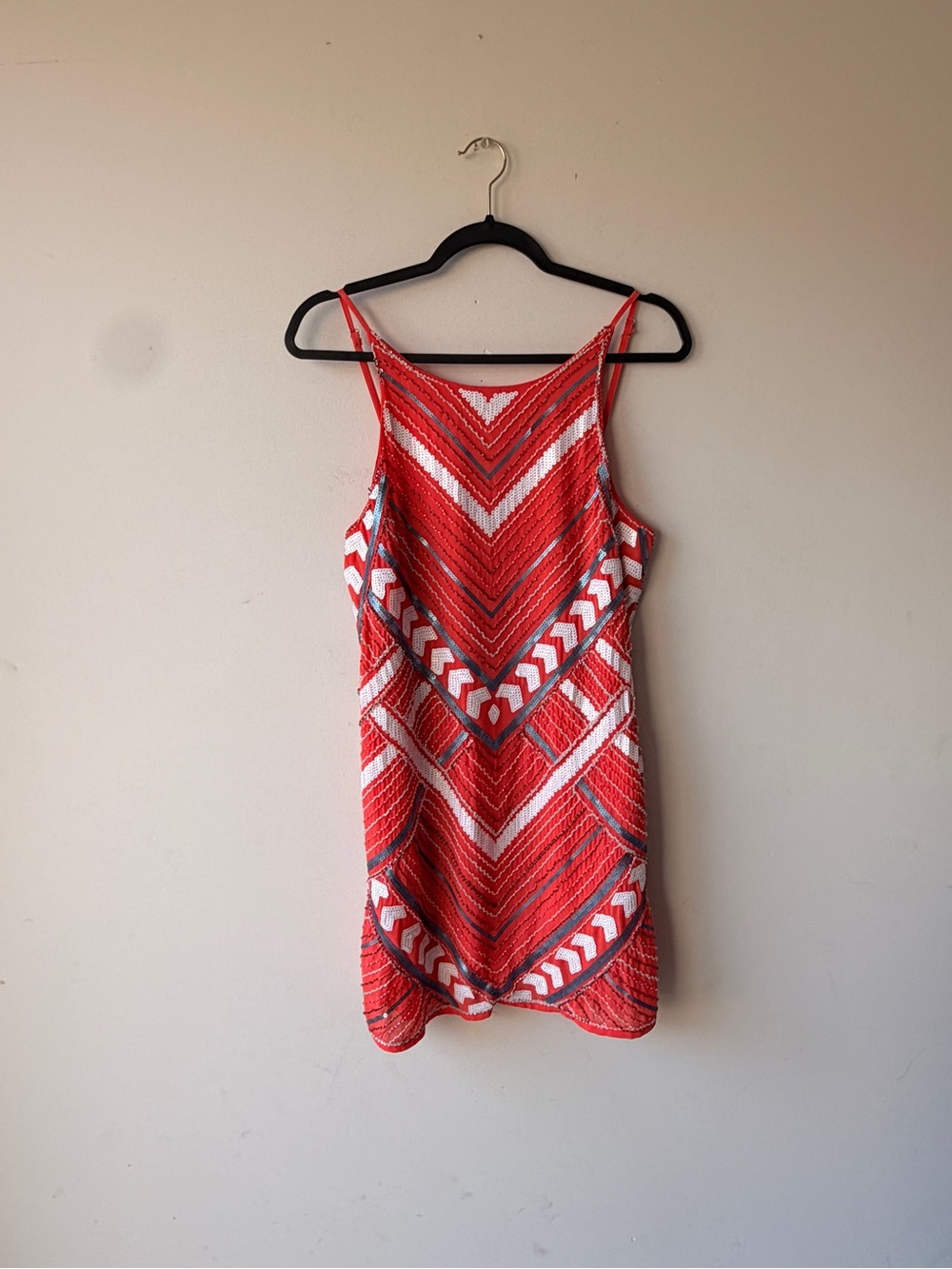 Meghan LA Red and White Beaded Chevron Mini Dress